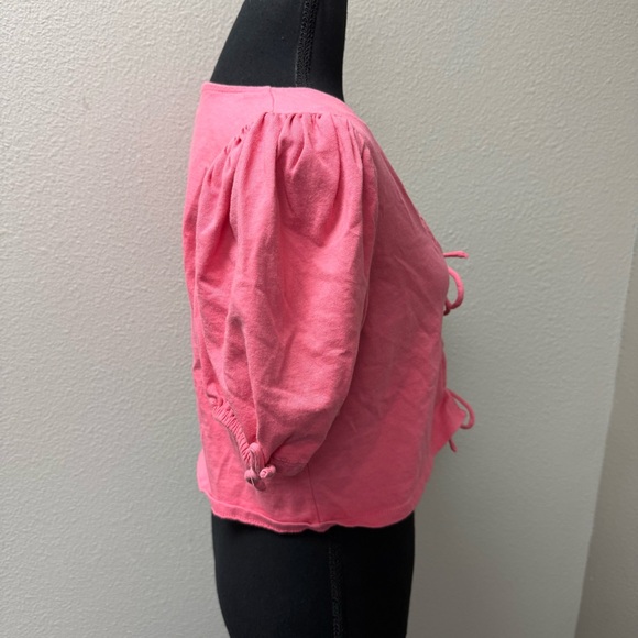 Free People Pink Tie Front Crop Top Puff Sleeve Boho Summer Festival Tee - Picture 7 of 13